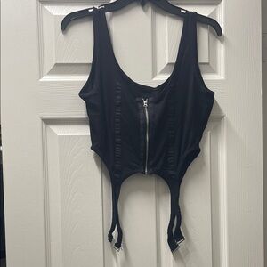 Fashion Nova Black Zipper Bodysuit with Suspender Straps